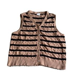 Winoll L Brown Button Up Sweater Vest W/Black Stripes V-neck Sleeveless EUC